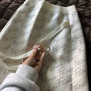 Fendi Cream Logo Knit Skirt with Gold Buckle Belt